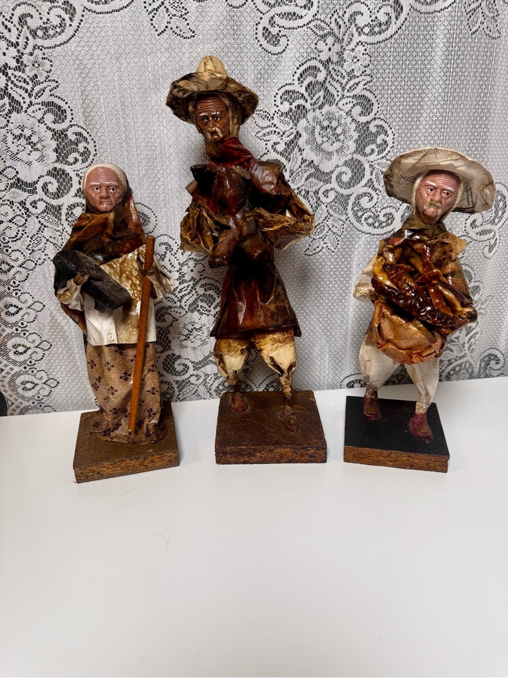 Vintage Mexican Folk Art Paper Mache Figurine Lot, Bird Vendor Campedino 3 PCS